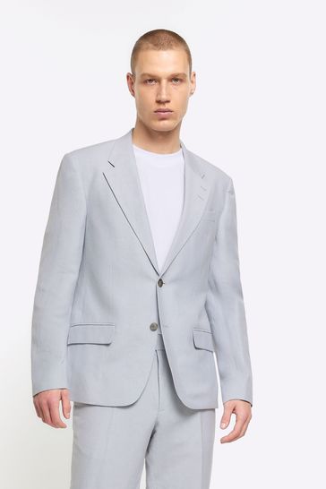 River Island Blue Slim Single Breasted Linen Suit
