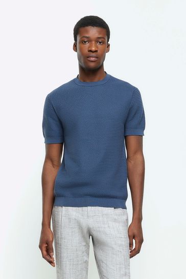 River Island Blue Slim Fit Textured Knit T-Shirt
