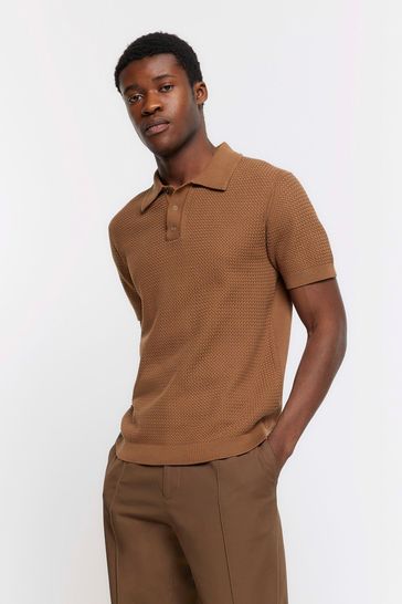 River Island Brown Textured Knitted Polo Shirt