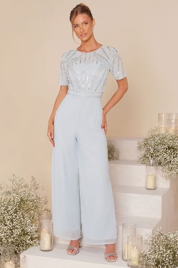 Quiz Blue Embellished Jumpsuit With Short Sleeve