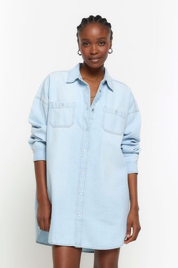 River Island Blue Denim Oversized Shirt Dress