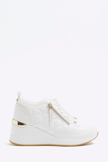 River Island White Quilted Side Zip Wedge Trainers