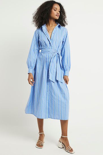 River Island Blue Balloon Stripe Midi Shirt Dress