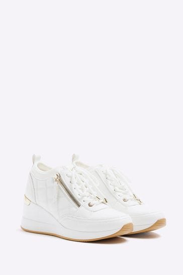 River Island White Wide Fit Quilted Zip Wedge Trainers