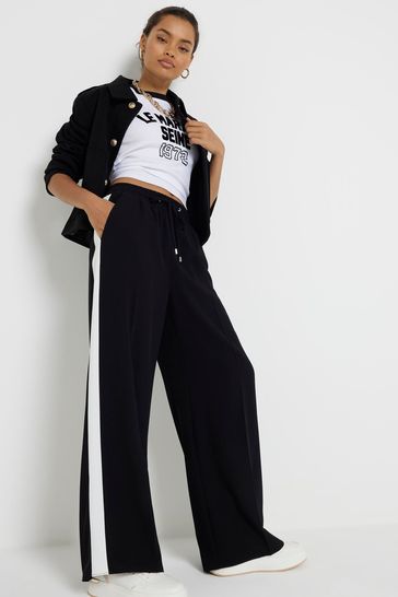 River Island Black Petite Side Stripe Wide Leg Joggers