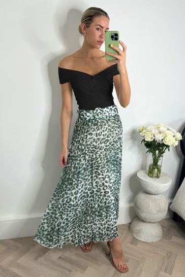 Style Cheat Leopard Print Demi Belted Pleated Midi Skirt