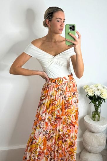 Buy Style Cheat Orange Tropical Floral Demi Belted Pleated Midi Skirt from Next France