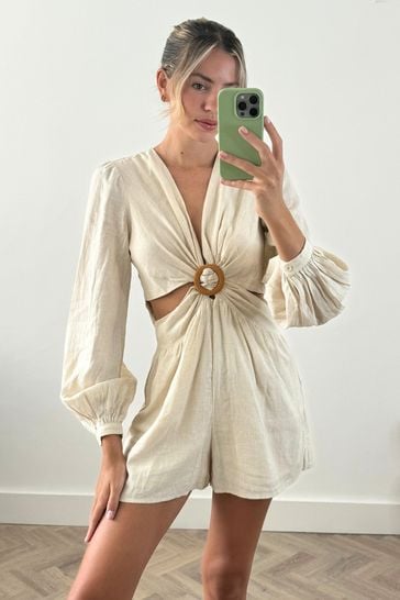 Style Cheat Cream Rosemarie Cut Out Linen Blend Playsuit
