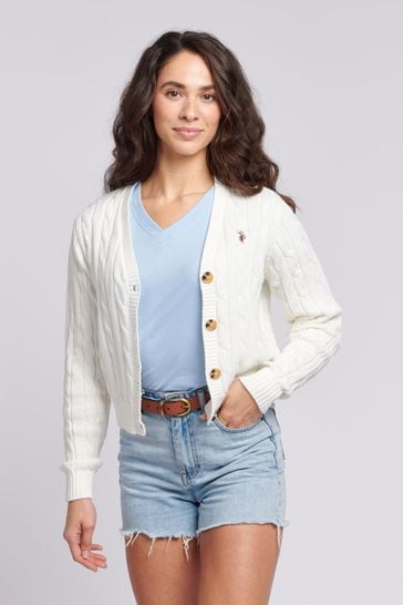 U.S. Polo Assn. Womens Cable Knit Cropped White Cardigan