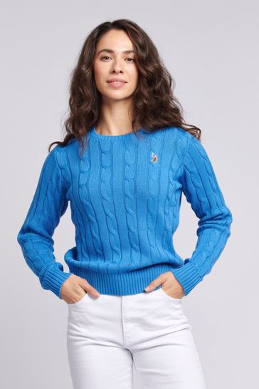 U.S. Polo Assn. Blue Womens Crew Neck Cable Knit Pink Jumper