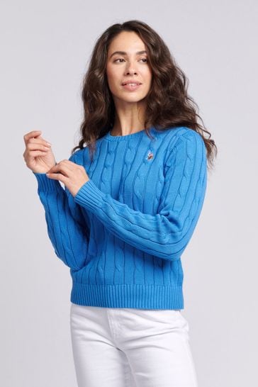 Blue cable knit jumper womens clearance