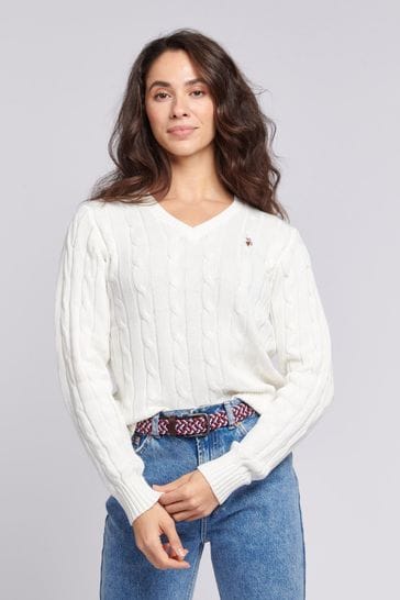 U.S. Polo Assn. Womens V-Neck Cable Knit White Jumper