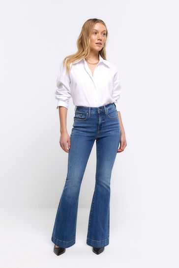 River Island Blue Petite High Rise Tummy Hold Flare Jeans