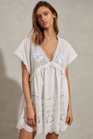 Reiss White Edie Broderie Mini Length Kaftan