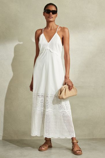 Reiss White Tate Cotton Broderie Maxi Dress