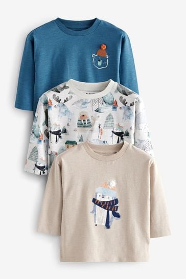 Buy Blue White 100 Cotton Long Sleeve Animal Print Character T Shirts 3 Pack 3mths 7yrs from Next Bahrain