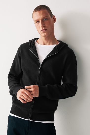 Black Zip Through Relaxed Knitted Hoodie