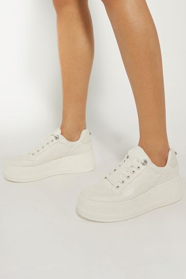 Dune London Cream Embraced Bridal Lace Platform Trainers