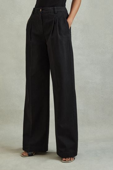 Reiss Washed Black Astrid Petite Cotton Blend Wide Leg Trousers