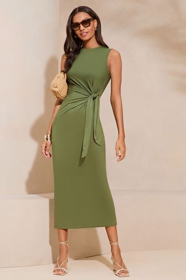 Lipsy Khaki Green Sleeveless Racer Tie Side Jersey Midi Dress