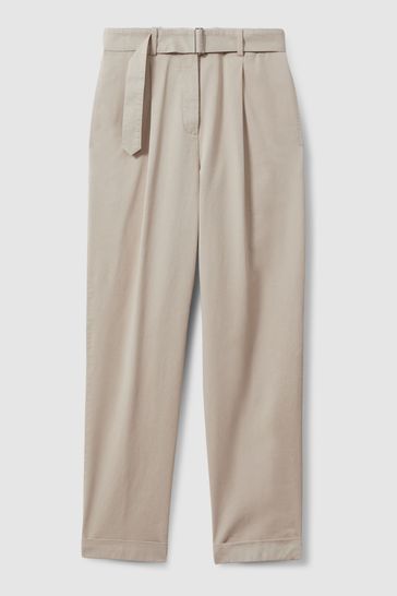 Buy Reiss Stone Hutton Cropped Cotton Blend Belted Trousers from Next Bahrain