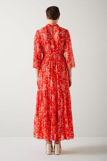 LK Bennett Red And Cream Olivia Silk Georgette Maxi Dress