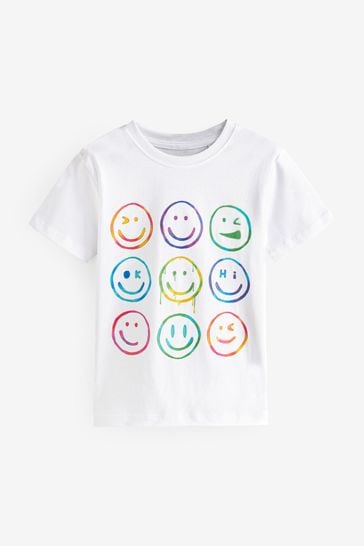 White Happy Face Short Sleeve Graphic T-Shirt (3-16yrs)