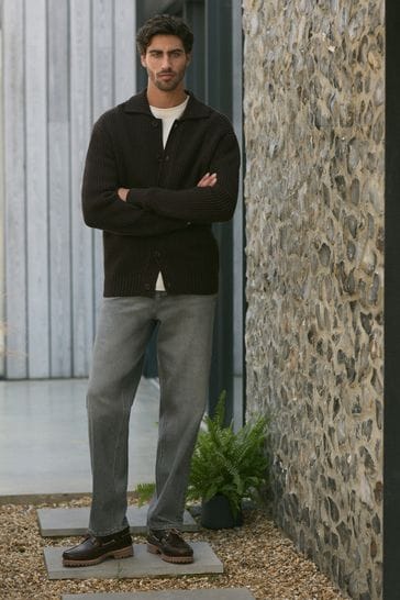 Buy Brown Regular Fit Rib Button Through Jumper with Wool from Next Denmark