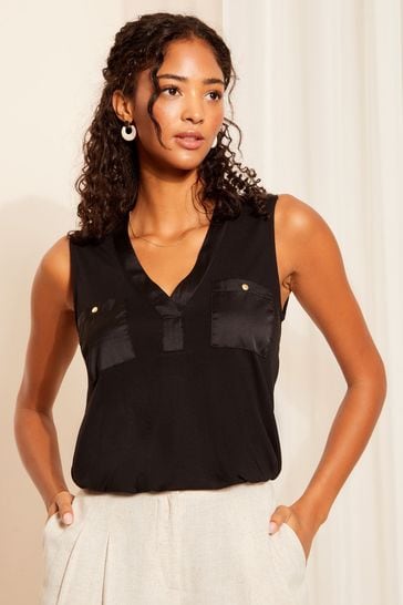 Friends Like These Black Satin Mix V Neck Pocket Sleeveless Tunic