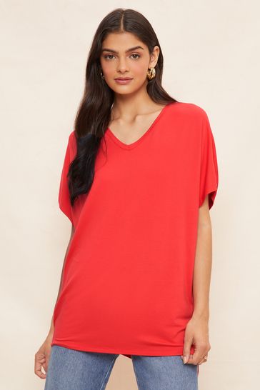 Friends Like These Red Petite Short Sleeve V Neck Tunic Top