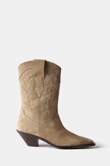 Mint Velvet Cream Leather Cowboy Boots