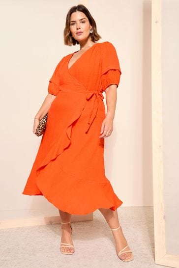 Curves Like These Orange Dobby Puff Sleeves Midi Wrap Dress