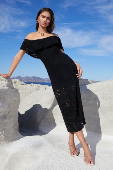 Buy Lipsy Black Bardot Crochet Knit Maxi Dress from Next Kuwait