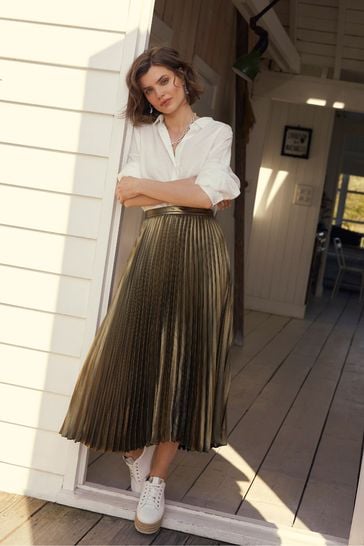 Mint Velvet Gold Satin Pleated Midi Skirt