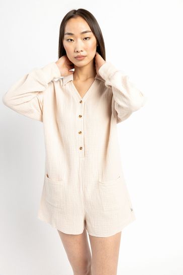 Chelsea Peers Cream Relaxed Fit Organic Cotton Long-Sleeve Playsuit