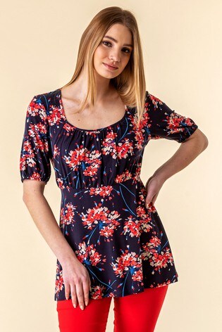 Roman Navy Gathered Front Floral Top