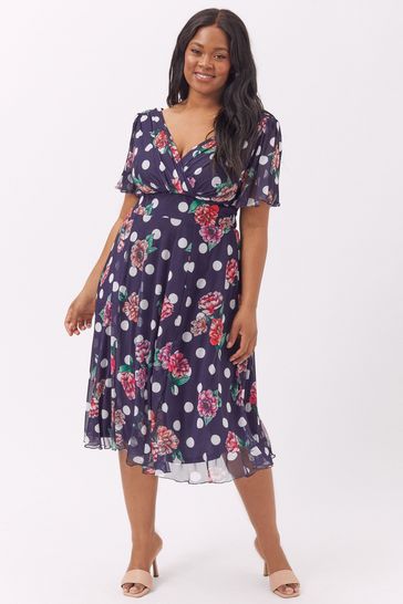 Scarlett & Jo Navy Polka Dot Floral Victoria Print Angel Sleeve Mesh Midi Dress