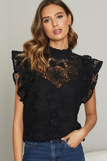 Lipsy Black VIP Lace Flutter Sleeve Top