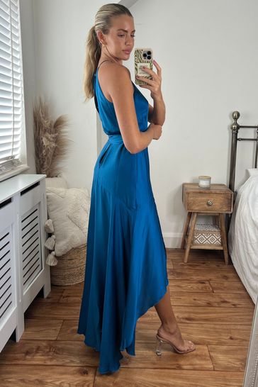 Buy Style Cheat Blue Fleur Halter Satin High Low Hem Maxi Dress