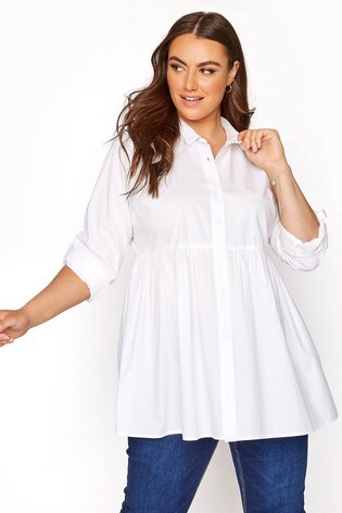 Yours Curve White Cotton Turn Back Sleeve Smock Shirt