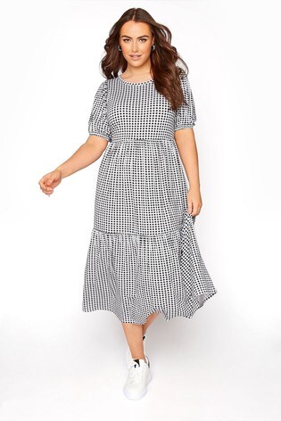 Yours Curve Black Short Puff Sleeve Midaxi Gingham Dress