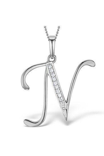 The Diamond Store White 925 Silver Lab Diamond Initial N Necklace 0.05ct