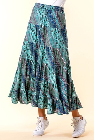 Roman Blue Paisley Print Sequin Embellished Skirt