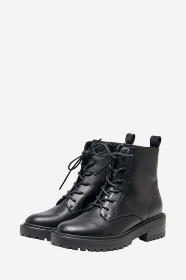 ONLY Black Faux Leather Lace Up Ankle Boot