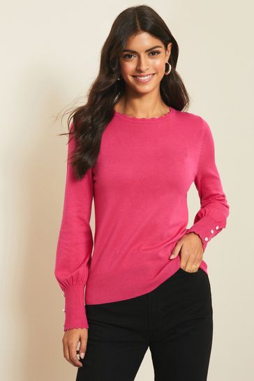 Lipsy Bright Pink Regular Scallop Long Sleeve Knitted Jumper