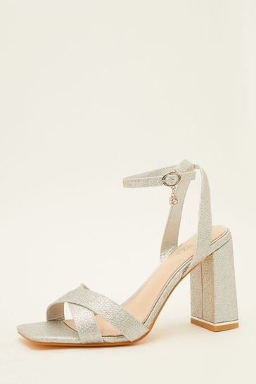 Quiz Silver Shimmer Cross Strap Block Heel Sandal