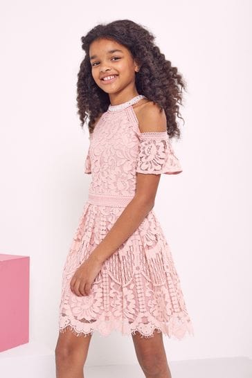 Lipsy Pink Cold Shoulder Lace Occasion Dress