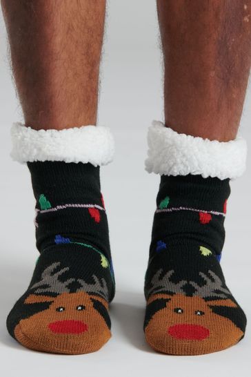 Loungeable Black Men's Christmas Reindeer Cosy Socks