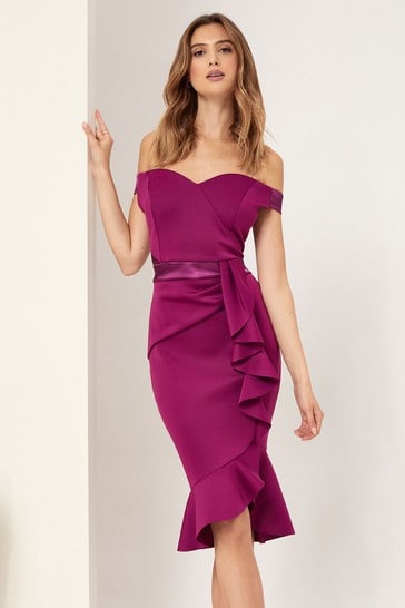 Lipsy Purple Satin Bardot Bodycon Dress