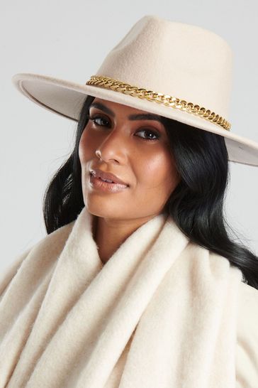 Buy South Beach Cream Wool Fedora Hat With Gold Chain from Next